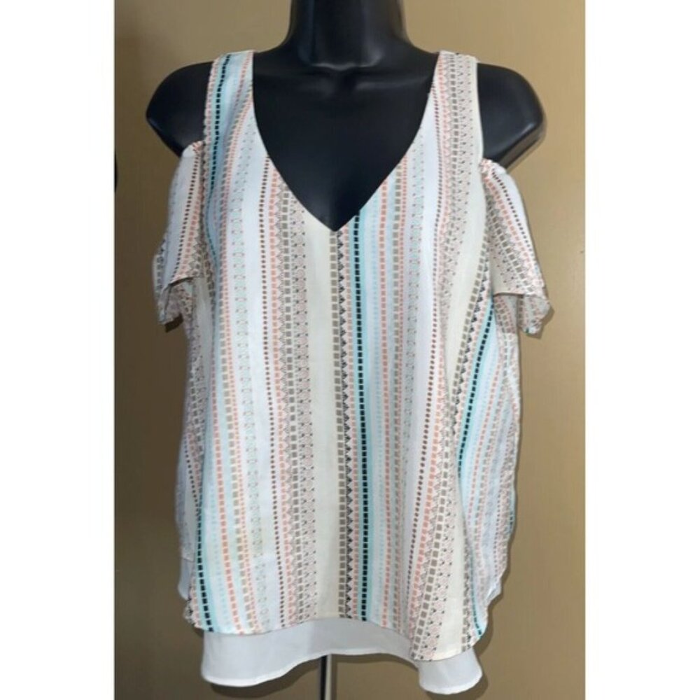 Bisou Bisou Women’s Cold Shoulder Multicolor Striped Blouse.  Size Small